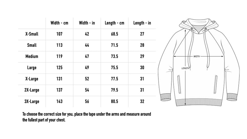Size chart for Skull Hoodie - Black